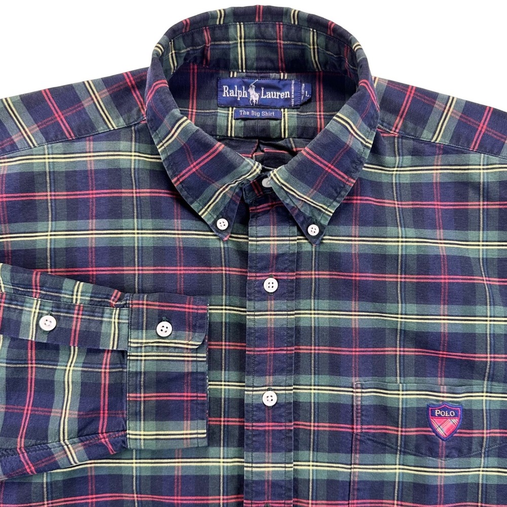 VTG Ralph Lauren The Big Shirt Mens Large Green Plaid Button Down Logo Crest
